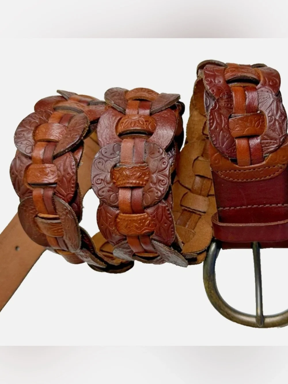 Fossil Tooled Chain Woven Belt Brown Leather Western Wide 2.75